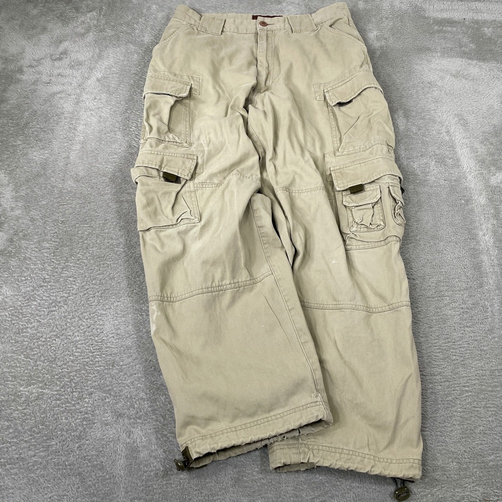 Khaki Safari Cargo Pants Mens 32x29 Tan Baggy Y2K Paint Splatter Utility